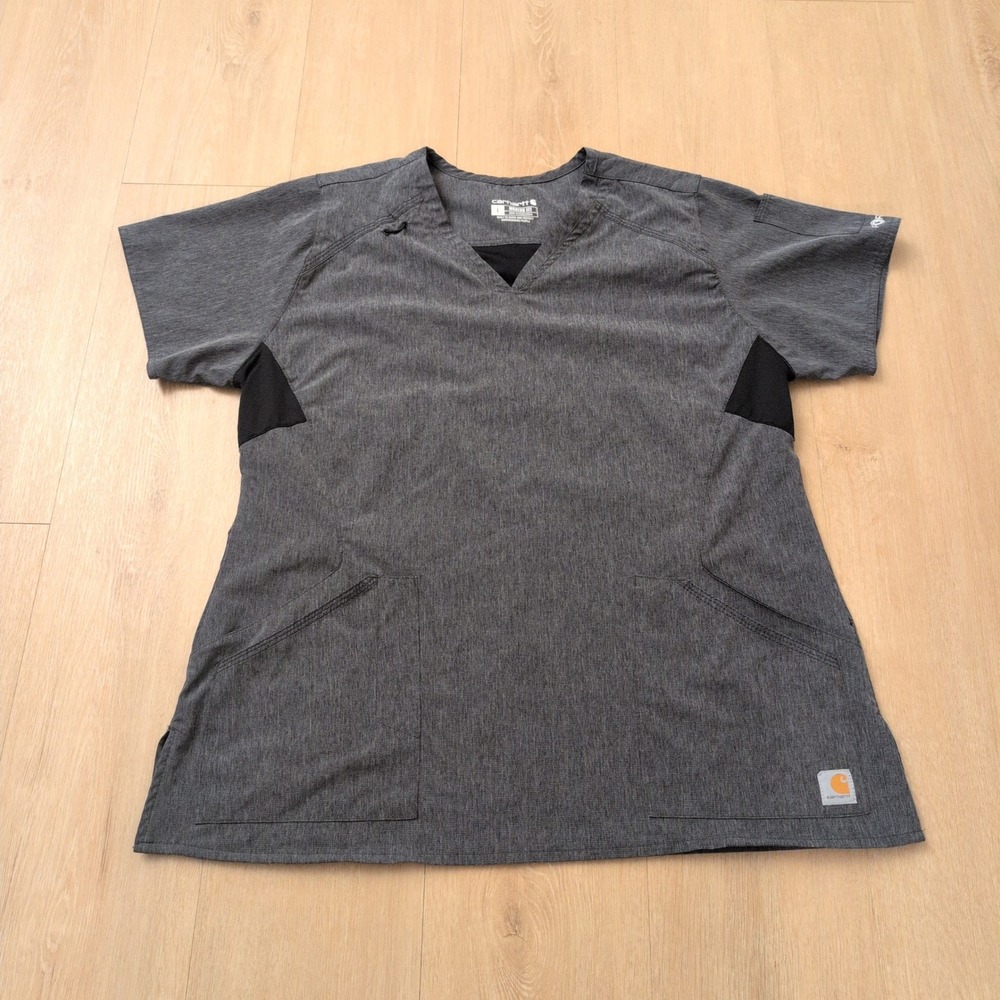 Carhartt Women Gray Modern Fit V-Neck Scrub Top Large Heathered Charcoal